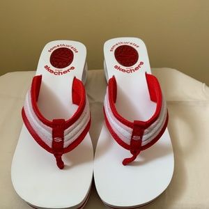 Sketchers red , pink and white 2.5 inch wedge heal flip flop